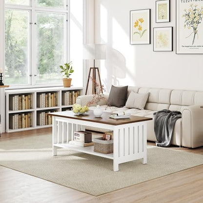 39.4" Farmhouse Coffee Table, Small Coffee Tables for Living Room | White, 2 Tier Coffee Table with Storage, Tea Table for Living Room Bedroom Small Space - color: White