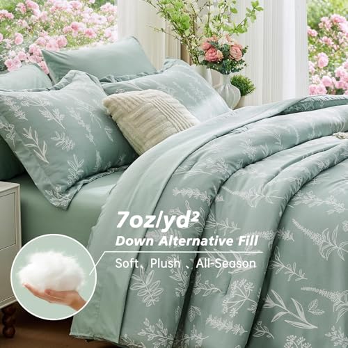 Oversized Queen Comforter Set, Sage Green Elegant Floral Print Bed in a Bag 7 Pieces, Soft & Breathable Reversible Botanical Pattern Bedding Set with Comforter, Sheets, Pillowcases, and Shams - color: 01 - Sage Green Leaves, size: Oversized Queen (98"x 98
