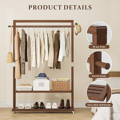Solid Wood Clothes Rack with Wheels 3-in-1 Garment Rack Extra Long Rod 2 Shelves - size: S-12.6"D x 33.5"W x 66.1"H