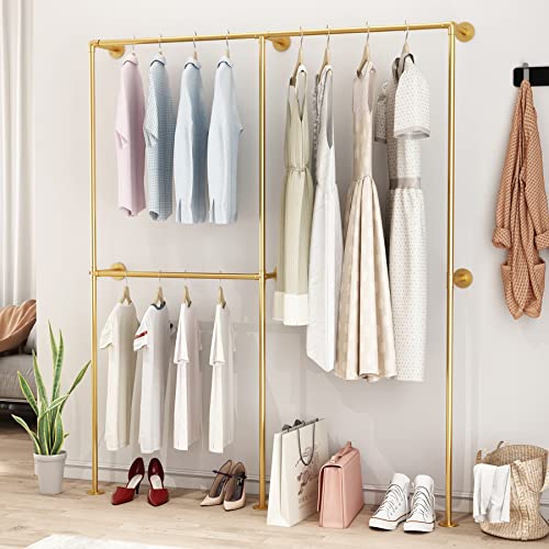 DR.IRON Industrial Pipe Gold Clothing Racks with Double Bar, Industrial Pipe Clothes Racks Wall Mounted, Heavy Duty Gold Closet Rods for Hanging Clothes Organizer Storage - color: Gold-71