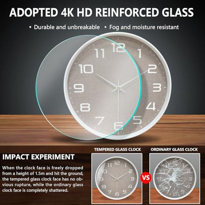Silent Wall Clock with Large Numbers, 10 Inch Battery Operated Analog Clock with Tempered Glass Burlap Texture Non-Ticking Wall Clocks for Living Room Bedroom Kitchen Office Classroom,White - color: White Brown, size: 10 Inch