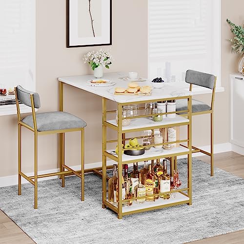 Counter Height Table and 2 Chairs Set, 3-Piece Kitchen Dining Table Set with Upholstered Bar Stools and Storage Shelf, for Small Spaces, Apartment, Kitchen, Dorm - color: Gold, size: Table and 2 Chairs