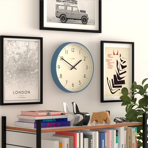 JONES CLOCKS® Studio Clock | Modern Round wall Clock | 12" | Mid Blue | Easy to Read Numbers | Versatile Design for Kitchen, Living Room or Office - color: Mid Blue