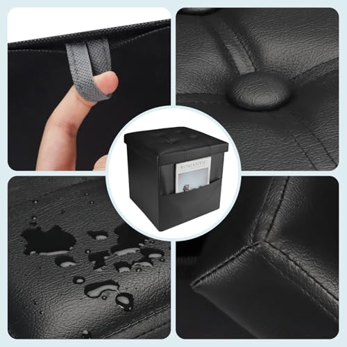Bsketa Storage Ottoman Bench,15 Inch Folding Leather Foot Rest Stool, Black | Small Ottoman with Side Pockets, Thicker Foam Padded Seat, Livingroom, Dorm, Bedroom, Easy to install, 40L, 15x15x15in - color: Black-with Side Pockets