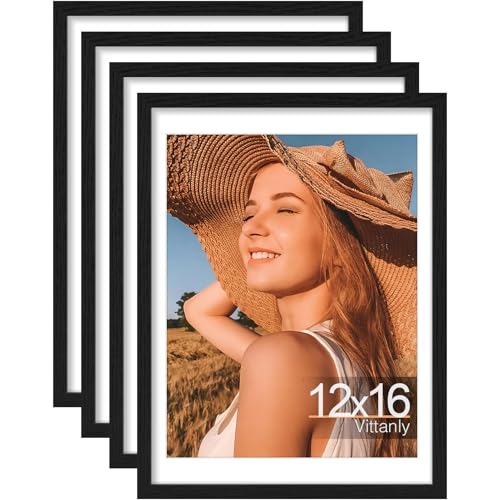 Vittanly 12x16 Picture Frames Set of 4, for Wall Mounting, Black | Display Pictures 11x14 with Mat or 12x16 without Mat, Gallery Wall Frame, Engineered Wood with Shatter Resistant Plexiglass - color: Black, size: 12x16
