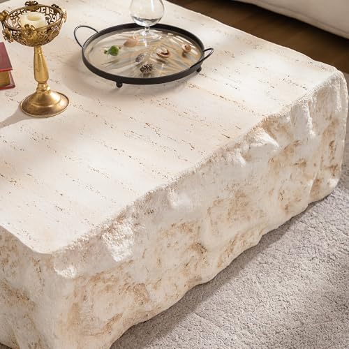 35.43'' Square Faux Stone Coffee Table, MgO Concrete Drum Center Table, Modern Minimalist Faux Marble Square Coffee Table for Living Room, Apartment, Office, No Assembly, Beige - color: 35.43'' Square Beige