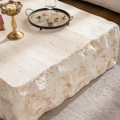 35.43'' Square Faux Stone Coffee Table, MgO Concrete Drum Center Table, Modern Minimalist Faux Marble Square Coffee Table for Living Room, Apartment, Office, No Assembly, Beige - color: 35.43'' Square Beige