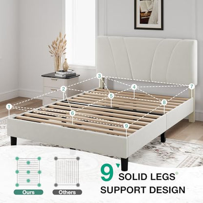 Novilla Queen Bed Frame, Queen Size Bed Frame with Wooden Slats Support, Velvet Upholstered Headboard, No Box Spring Needed, Heavy Duty Feet, Easy Assembly, White Velvet - color: White Velvet, size: Queen