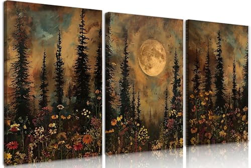 Frimeeme Vintage Moon Forest Wall Art Set of 3,Canvas Print Set Wildflower Pine Trees Rustic Nature Decor for Farmhouse Bedroom Living Room Aesthetic, 12x16 inches - color: Framed - Moon Forest Wall Art, size: 12"L x 16"W x 3Pieces