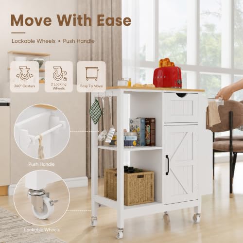 Small Kitchen Island Cart with Storage Cabinet | Rolling Microwave Table with Adjustable Shelf, Spice Rack, Towel Rack, Drawer, Portable for Kitchen Dining Room Home Bar