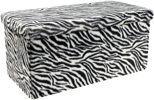 Luxe Faux Fur Storage Ottoman, Zebra Black/White, 30 x 15 x 15 in | Engineered Wood, Tool-Free Assembly, Modern Style, Seat And Footrest - color: Zebra Black/White, size: 30"D x 15"W x 15"H