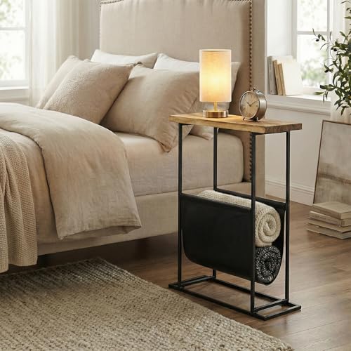 MyGift 21-Inch Modern Narrow Living Room End Table with Solid Burnt Wood Tabletop and Black Metal Frame, Bedroom Nightstand Side Table with Magazine Holder Sling
