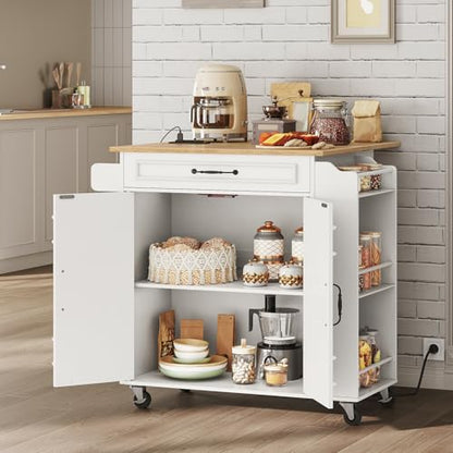 Kitchen Island with Power Outlets & Drop Leaf, Rolling Kitchen Cart on Wheels, Kitchen Storage Island with Spice Rack and Drawer, Mobile Island Table for Kitchen, Dinning, White and Natural - color: White + Natural