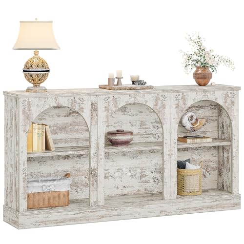 Tribesigns Console Table with Storage, 63" Long Arched Entryway Table | 3 Tier Wooden Farmhouse Rectangular Sofa Table Behind The Couch for Entrance, Hallway, Living Room, Distressed White - color: Distressed White