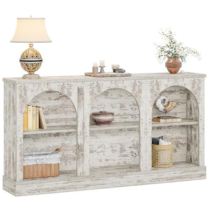 Tribesigns Console Table with Storage, 63" Long Arched Entryway Table | 3 Tier Wooden Farmhouse Rectangular Sofa Table Behind The Couch for Entrance, Hallway, Living Room, Distressed White - color: Distressed White