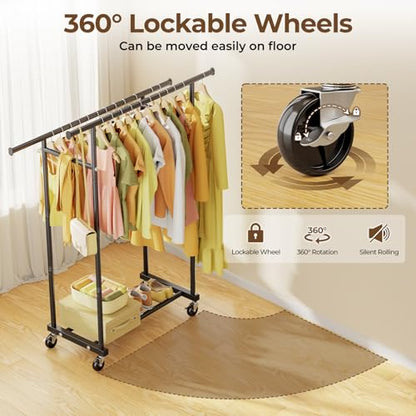 HYSEYY Double Rods Clothes Rack, Rolling Clothing Rack for Hanging Clothes Portable Wardrobe Rack, Metal Garment Rack Sturdy Coat Rack for Bedroom Laundry Living Room, Black - color: Black