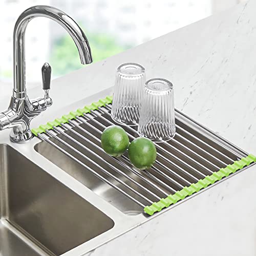 Seropy Roll Up Dish Drying Rack Over The Sink Drying Rack for Kitchen Counter, Rolling Dish Rack Over Sink Mat, Foldable Dish Drainer Stainless Steel Rack Kitchen Organization Green 17.5"x11.8" - color: Green, size: 17.5 x 11.8 in