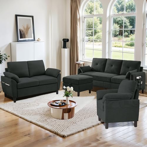 4 PCS Living Room Furniture Set, 3 Seat Couch & Loveseat & Armchair with Storage Ottoman, Modern Couch Set with Side Pockets, Couches for Living Room (3+2+1 Seat/Black) - color: Black, size: sofa+loveseat+Chair