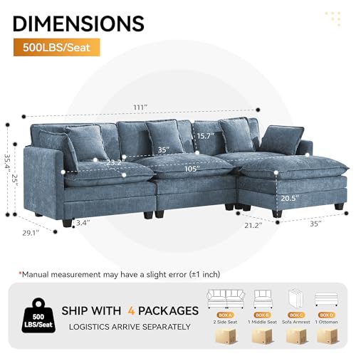 111'' Sectional Cloud Deep Seat Couch, Modern Comfy Chenille L Shaped Sectional Sofa for Living Room Set, Upholstered Modular 4-Seats Sofa Couch with 1 Movable Ottoman, Blue - color: Blue, size: 111'' L Shape