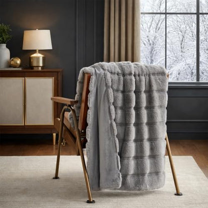 Cozy Bliss Deluxe Sheared Rabbit Faux Fur Throw Blanket, Soft Fuzzy High-Low Sculpted Plush Blanket for Couch, Cozy Home Accent, All Season Use, Grey 50"x60" - color: Stripe - Grey, size: Throw(50" x 60")