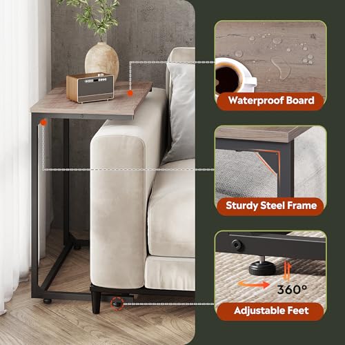 WLIVE C-Shaped End Table, Small Side Tables for Sofa, Wide Couch Table That Slide Under, Laptop Snack Table for Living Room, Bedroom, Home Office, Grey - color: Greige