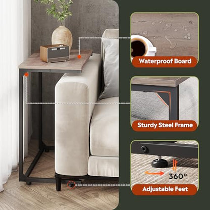 WLIVE C-Shaped End Table, Small Side Tables for Sofa, Wide Couch Table That Slide Under, Laptop Snack Table for Living Room, Bedroom, Home Office, Grey - color: Greige