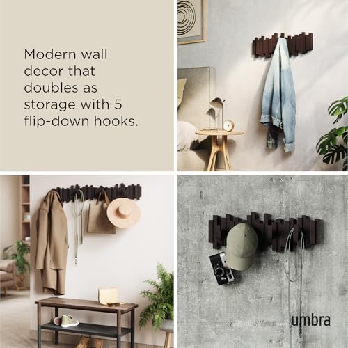 Umbra Sticks Wall Mount Coat Rack, 5 Hook Retractable Pegs, Espresso | Mounting hardware included, sculptural modern design, entryway or bedroom use, recycled plastic - color: Espresso, size: 5-Hook