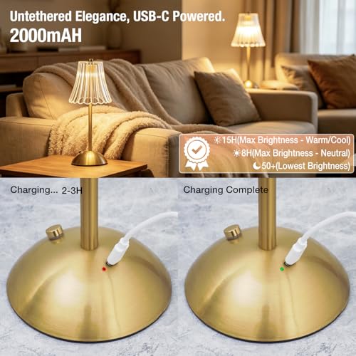Gold Rechargeable Table Lamp [2 Pack], Cordless Touch LED Bedside Lamp with 3 Color Modes, USB Dimmable