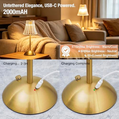 Gold Rechargeable Table Lamp [2 Pack], Cordless Touch LED Bedside Lamp with 3 Color Modes, USB Dimmable
