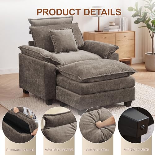 46'' Oversized Chaise Lounge with Ottoman, Cloud Deep Seat Accent Sofa Chair with Detachable Headrest, Double Thicked Cushion Lounge Armchair for Living Room, Bedroom, Brown - color: Brown, size: Chaise Lounge Chair