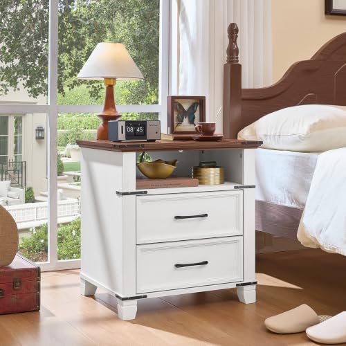 Farmhouse Night Stand with Charging Station, White | 2 Drawers End Tables Bedroom, Nightstand with Metal Handles & Solid Wood Foot & Open Shelf - color: White