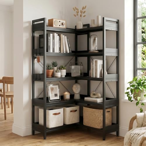 GTPLAYER 5-Tier Corner Bookshelf, L-Shaped Metal Frame Shelf with Tall 14" Shelves, Plant Stand and Storage Rack for Small Spaces, Living Room and Home Office, Black - color: Black, size: 5 Tier