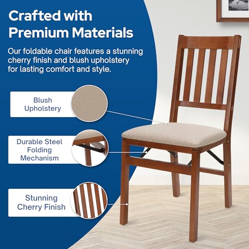 MECO Stakmore Arts and Craft Wooden Folding Chairs with Padded Seats, Set of 2 - No Assembly Foldable Dining Chairs, Steel Folding Mechanism, Upholstered Cushion, Space-Saving, Cherry Frame - color: Cherry