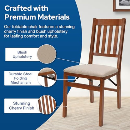 MECO Stakmore Arts and Craft Wooden Folding Chairs with Padded Seats, Set of 2 - No Assembly Foldable Dining Chairs, Steel Folding Mechanism, Upholstered Cushion, Space-Saving, Cherry Frame - color: Cherry