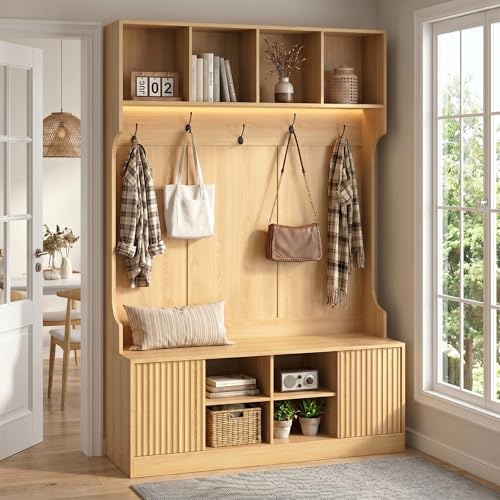 Hall Tree with Bench and Shoe Storage, 5-in-1 Entryway Coat Rack with LED Sensor Light, Hooks and Storage Cubes, Shoe Cabinet with Fluted Door, Modern Hall Tree for Entryway, Living Room - color: Natural OAK