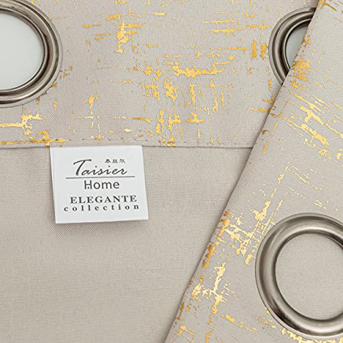 Taisier Home Gold Foil Print Linen Textured Curtains Geometric Dots Pattern Design Curtains for Nursery Toy Room Thermal Insulated Window Treatment 2 Panels 54" L,Beige and Gold Drapes Print - color: Greyish Beige/Gold, size: 52"W x 54"L (Pack of 2)