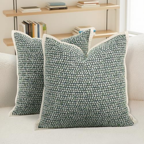 HEAVYWOOD Textured Boucle Pillow Covers 18x18 Set of 2 Striped Boho Farmhouse Throw Pillowcase Rustic Accent Square Couch Cushion Cover for Home Decor Bed Sofa Living Room (Green, 18x18) - color: Green