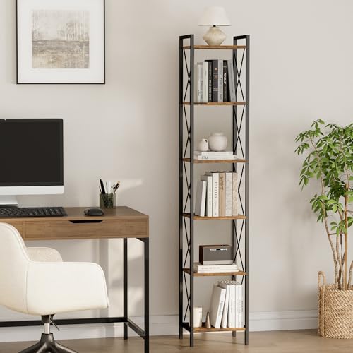 Homhedy 6 Tier Small Bookshelf, Tall Narrow Bookcase, Metal Book Shelf | Industrial Style for Small Spaces, Home, Office, Living Room, Kitchen, Bedroom , 10.4" D x 13" W x 67.4" H, Rustic Brown - color: Rustic Brown, size: 10.4"D x 13"W x 67.4"H