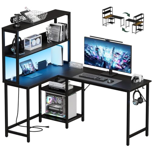 DUMOS L Shaped Desk, Gaming Desk, Power Outlet, 53 Inch | Reversible Corner Computer Table, Adjustable Shelf CPU Stand, Home Office Writing Table, LED, Black - color: Black, size: 53 IN