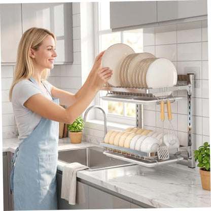 Wall Mounted Dish Drying Rack, 2 Tiers Over Sink Dish Drying Rack Rustproof Stainless Steel Drain Storage for Kitchen, Silver..