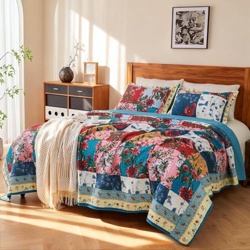 EVENHUG 100% Cotton Quilt Set Queen Size Floral Patchwork Bedding Sets with Pillow Shams Breathable Lightweight Bedspreads Coverlet for All Season 3 Piece (92"x96") - color: Blue, size: Queen