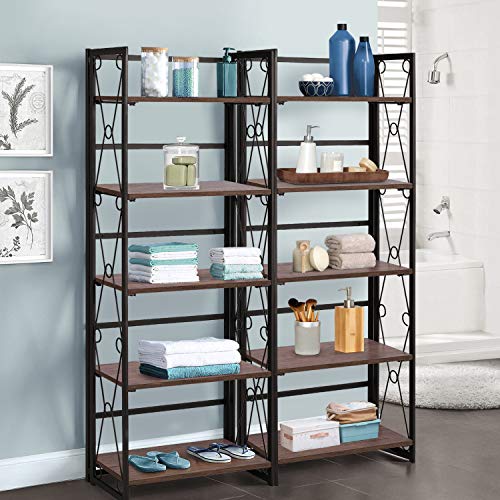 VECELO 5 Tier Folding Bookshelf, No-Assembly Folding-Bookshelf, Industrial Tall Bookcase with Metal Frames for Home and Office,Set of 2 - color: Dark Brown, size: 2 Set
