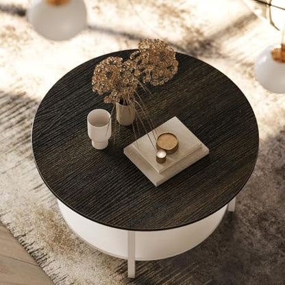 FABATO 26.77” Round Lift Top Coffee Table with Storage, White | Farmhouse Coffee Table, 2 Tier Small Round Center Table, Center Table for Living Room, Circle Dining Table - color: Antique White