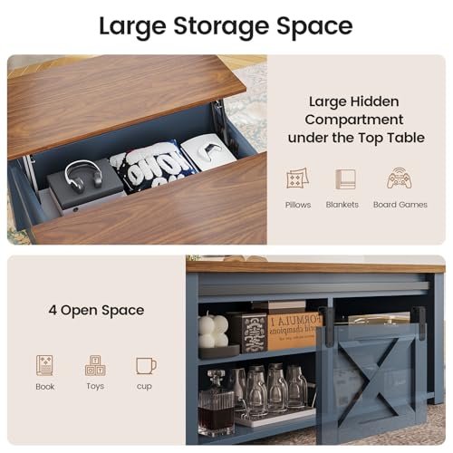 SEDETA 31.5" Lift Top Coffee Table with Storage, Square Coffee Tables for Living Room, Farmhouse Coffee Table with Large Hidden Storage Compartment and Adjustable Shelves, Blue - color: Blue