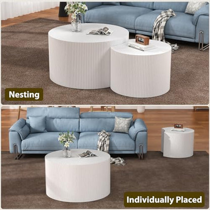 Nesting Coffee Table Set of 2, White 27.5" Round Coffee Table | Wood Fluted Design with Non-Slip Pad, Modern End Table Side Tables for Living Room Bedroom Balcony Yard - color: White 27.5"