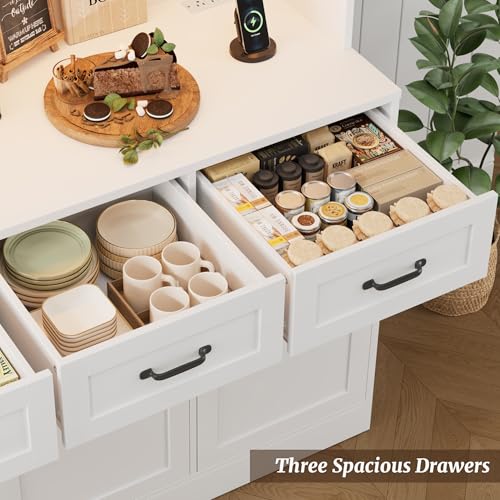 HOSTACK Kitchen Pantry Storage Cabinet, Tall Kitchen Hutch Cabinet, White | 47"W Food Pantry Cabinet with Smart LED / Charging Station / Countertop / 3 Large Drawers, 72"H Storage Hutch, Dining Room - color: White