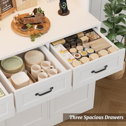 HOSTACK Kitchen Pantry Storage Cabinet, Tall Kitchen Hutch Cabinet, White | 47"W Food Pantry Cabinet with Smart LED / Charging Station / Countertop / 3 Large Drawers, 72"H Storage Hutch, Dining Room - color: White