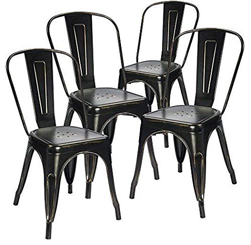 Devoko Metal Indoor-Outdoor Chairs Distressed Style Kitchen Dining Chairs Stackable Side Chairs with Back Set of 4 (Black Gold) - color: Black Gold