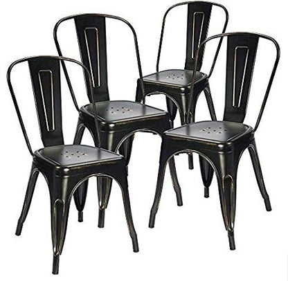 Devoko Metal Indoor-Outdoor Chairs Distressed Style Kitchen Dining Chairs Stackable Side Chairs with Back Set of 4 (Black Gold) - color: Black Gold