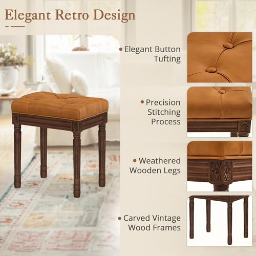 LUE BONA Upholstered Fabric Vanity Bench Seat, Makeup Stools for Vanity, Square Tufted Ottoman Bench with Carved Dark Brown Color Legs for Bedroom Living Room, Whiskey Brown - color: Whiskey Brown and Dark Brown